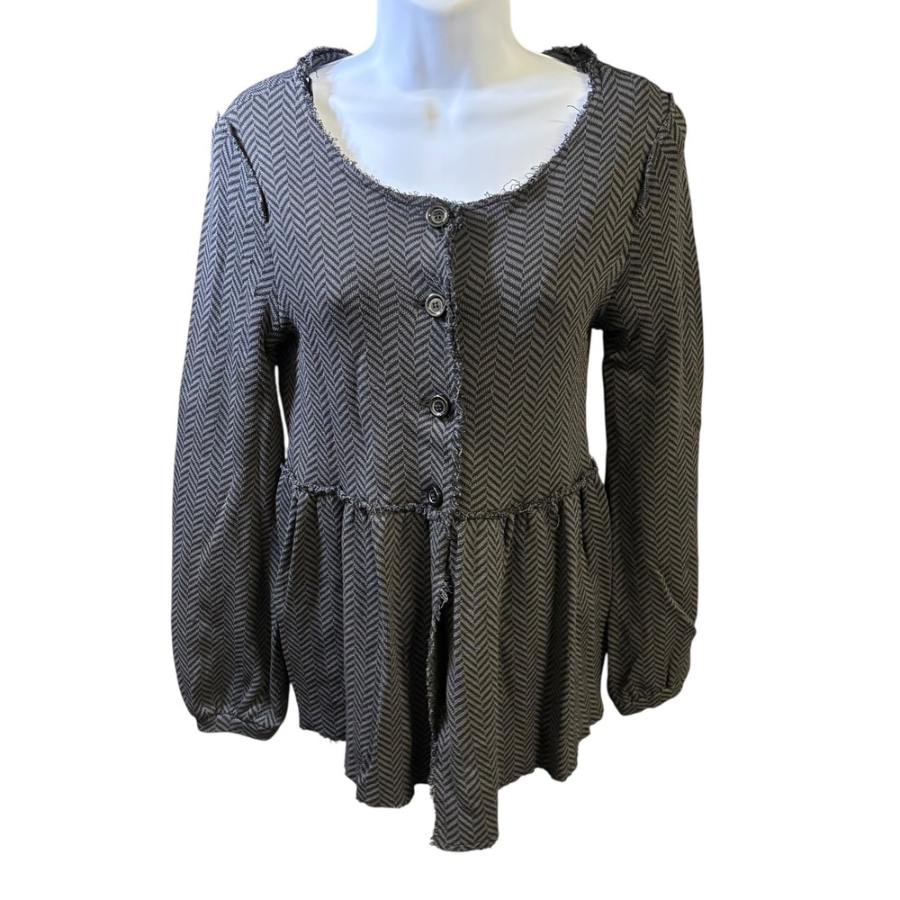 Nine West Herringbone Peplum Top‎ Button Front Long Sleeve Gray Petite Small